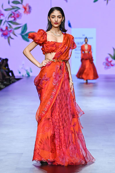 Orange floral print pre-draped sari set