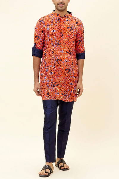 Orange floral print short shirt kurta
