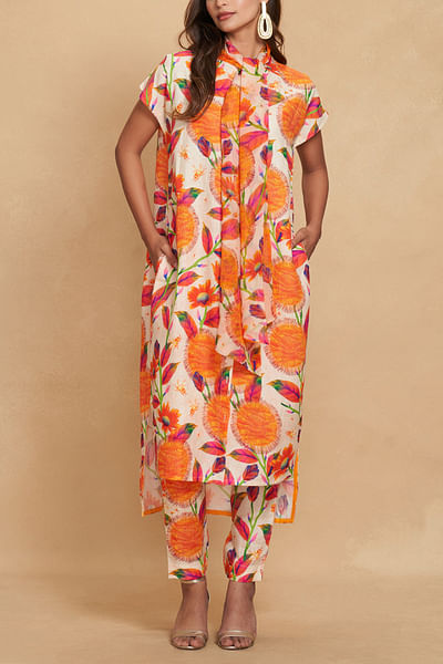 Orange floral print tunic dress