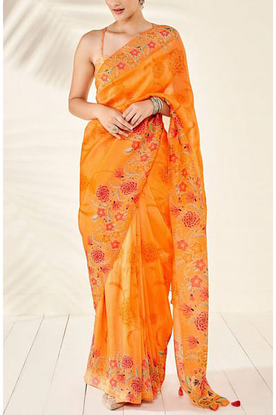 Orange floral printed sari set