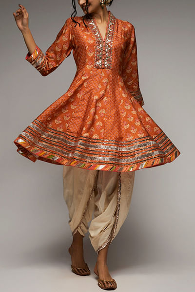 Orange gota embellished kurta dhoti set