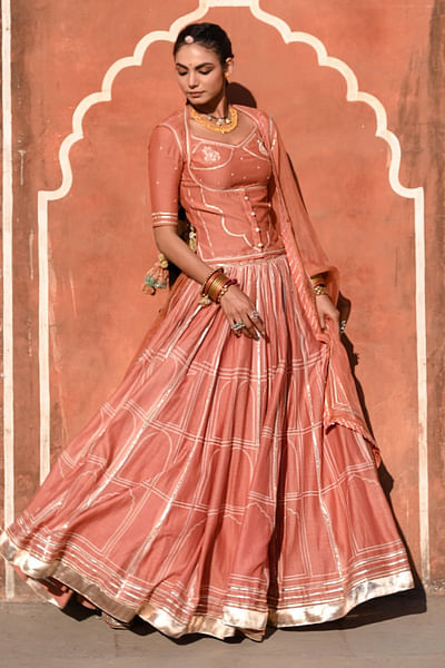 Orange Hawa Mahal printed lehenga set