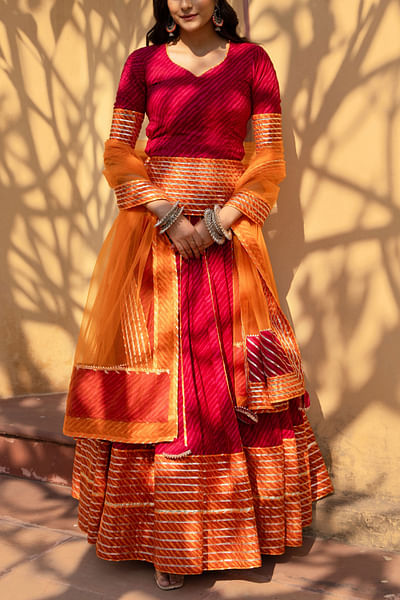 Orange leheriya print lehenga set