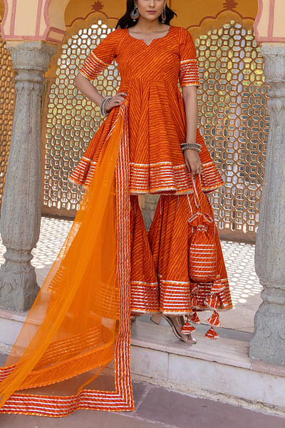 Orange leheriya print sharara set