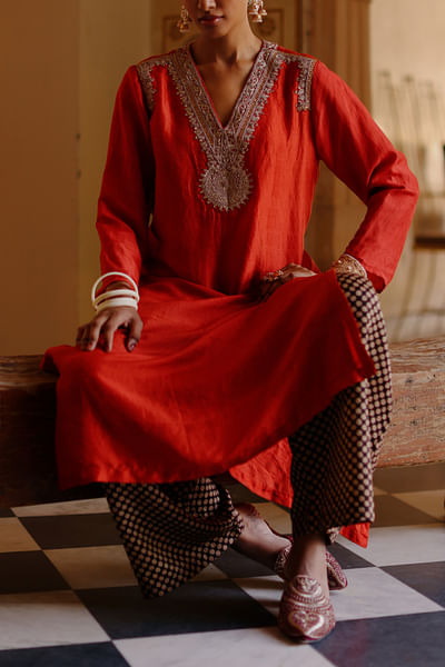 Orange marodi embroidery kurta set