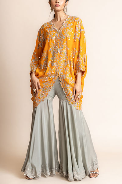 Orange mirror embellished asymmetric draped top and gharara