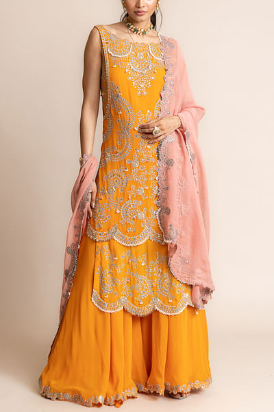 Orange mirror embellished double-layered kurta and gharara set