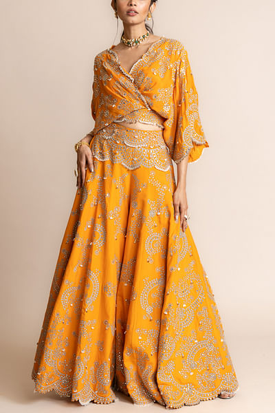 Orange mirror embellished kaftan top and sharara