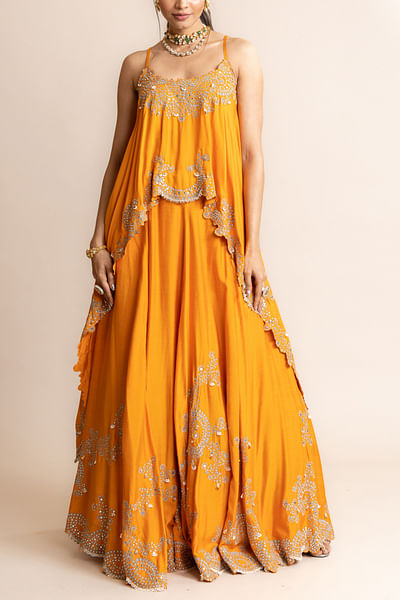 Orange mirror embellished strappy asymmetric top and lehenga
