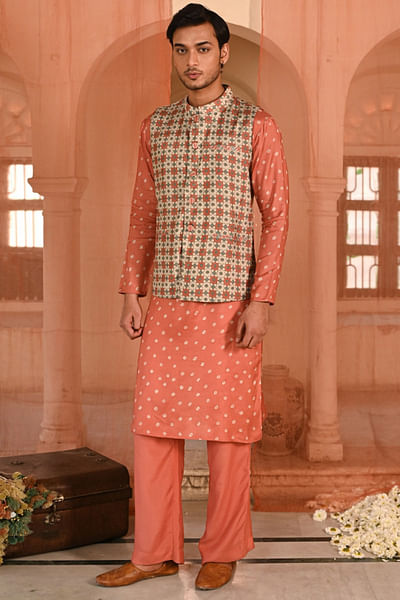 Orange Mughal print reversible jacket kurta set