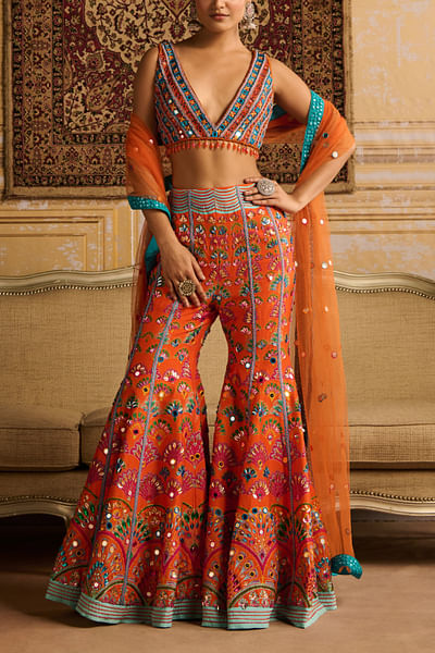 Orange scallop printed sharara set