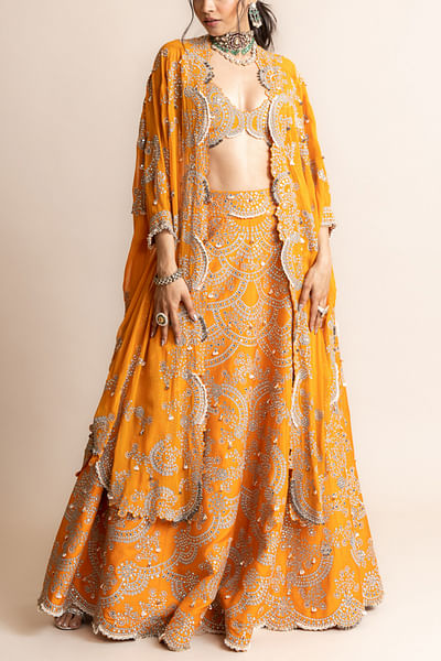 Orange sequin and Swarovski embroidered cape lehenga set