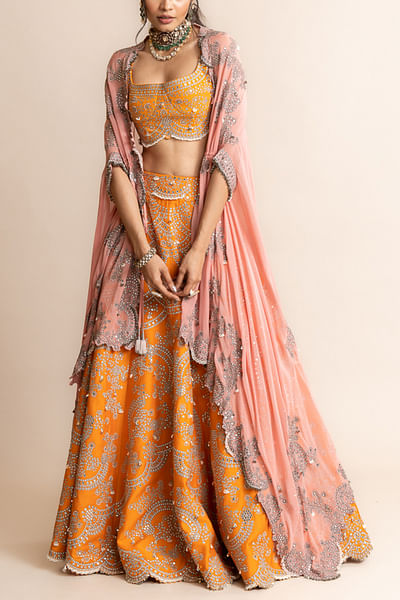 Orange sequin and Swarovski embroidery cape lehenga set