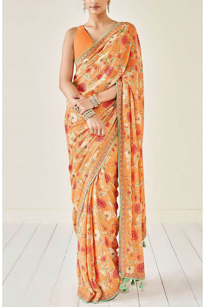 Orange sequin embellished printed sari set