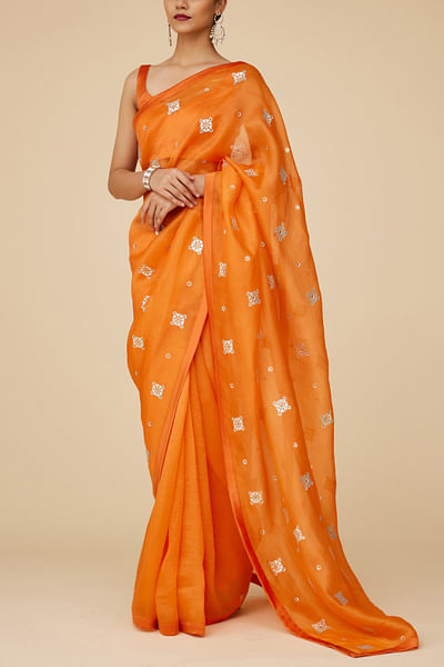 Orange sequin embroidery saree set