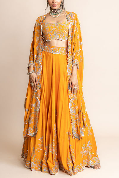 Orange Swarovski and Pearl embroidery cape lehenga set