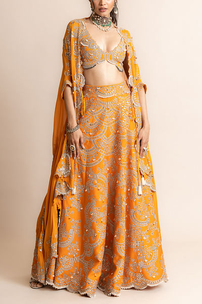 Orange Swarovski and sequin embroidered cape lehenga set