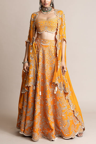 Orange Swarovski and sequin embroidery cape lehenga set
