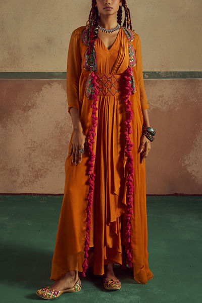 Orange tassel detailed cape and dress