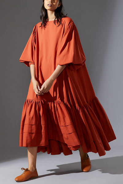 Orange tiered and pleated handwoven cotton slub dress