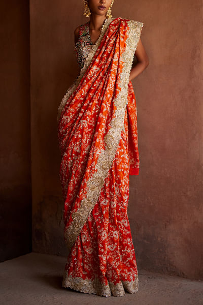 Orange zardozi embroidery saree set