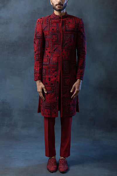 Oxblood red pearl and thread embroidered sherwani