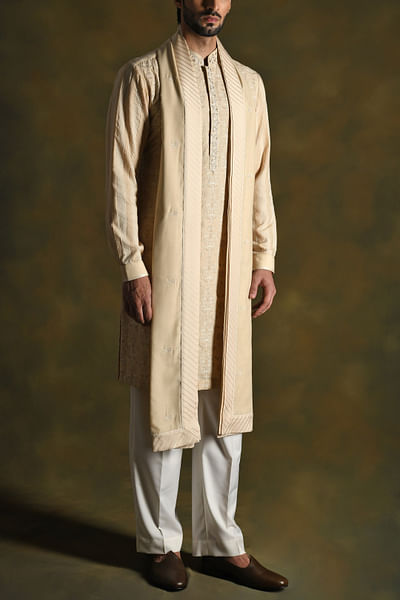 Oyster faun floral embroidery kurta set