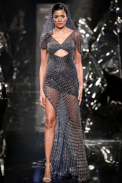 Pacific blue asymmetric trail dress