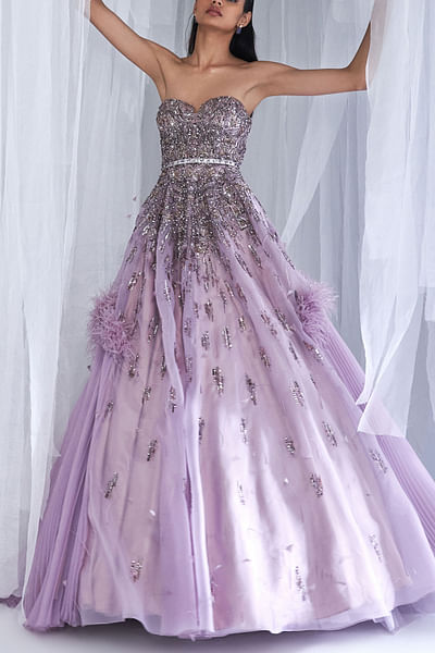 Pale mauve embellished strapless gown