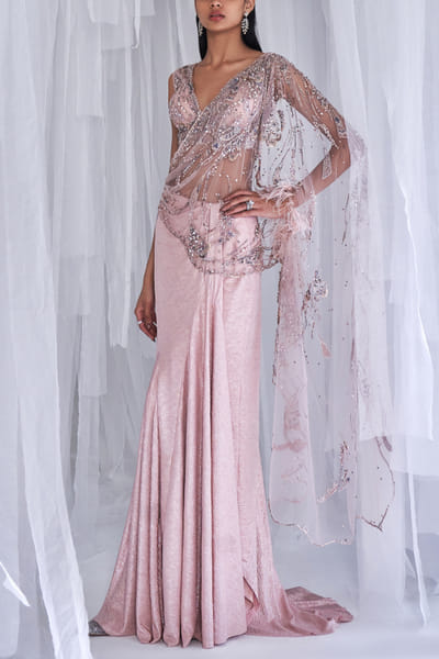 Dolly J Pale peach embellished draped saree set DOLSCENT23062