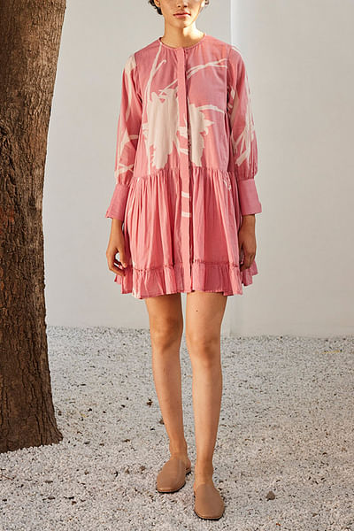 Pale pink artsy print frill dress