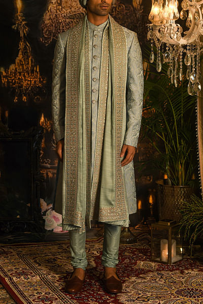Pale turquoise paisley woven sherwani set