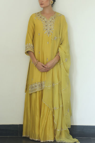 Pale yellow pearl and sequin embroidery sharara set