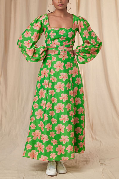 Parrot green floral printed cutout dress