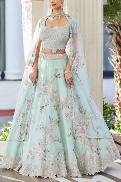 Pastel blue aari and zardozi embroidered lehenga set