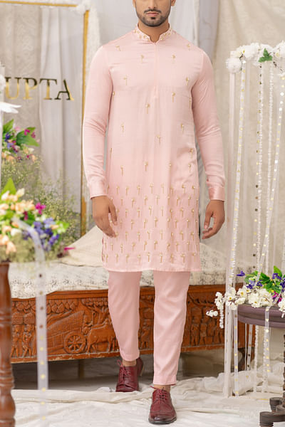 Pastel coral motif pearl embroidery kurta set