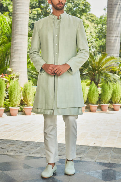 Bohame Pastel green chikankari jacket kurta set BHMAUG23MN05