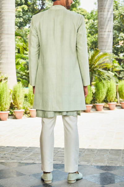 Bohame Pastel green chikankari jacket kurta set BHMAUG23MN05