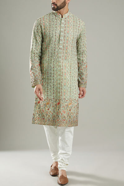 Pastel green thread embroidered kurta