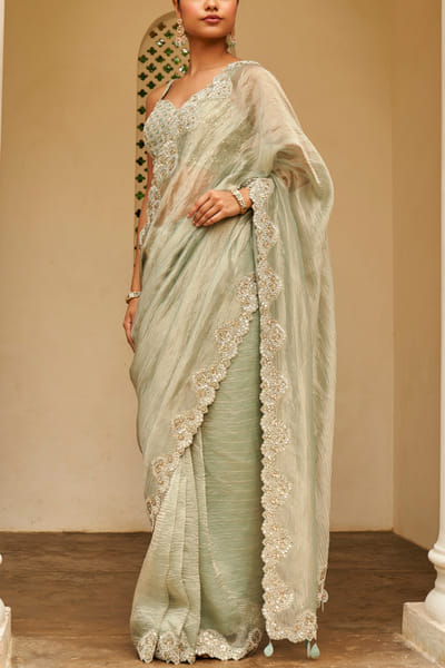Pastel grey zardozi embroidery sari set