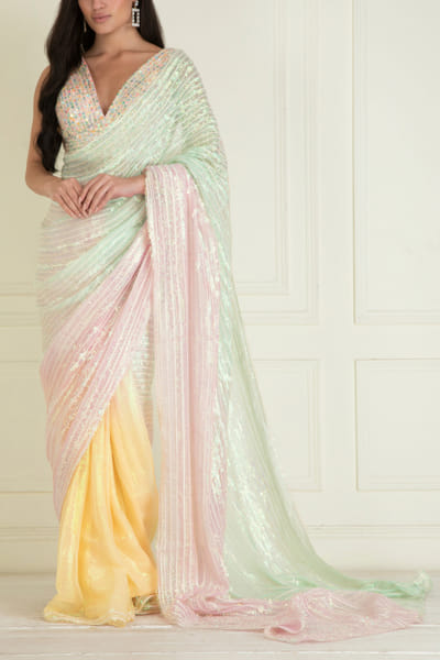Pastel ombre sequinned pre-stitched saree set