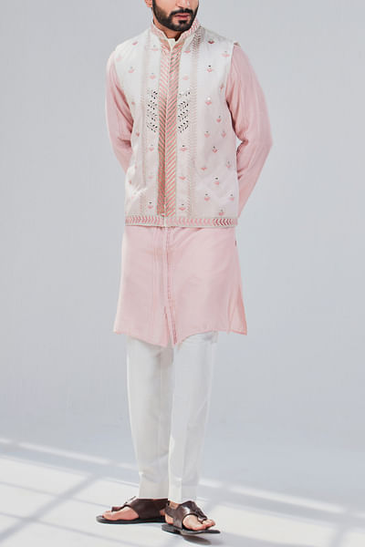 Pastel pink embroidered Nehru jacket