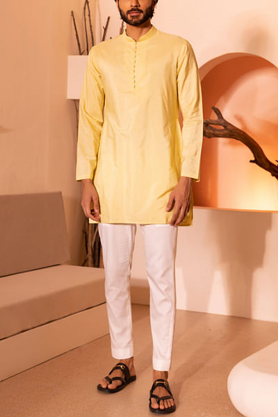 Pastel yellow embroidered kurta set