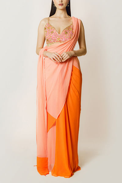 Peach and orange colour block sari set