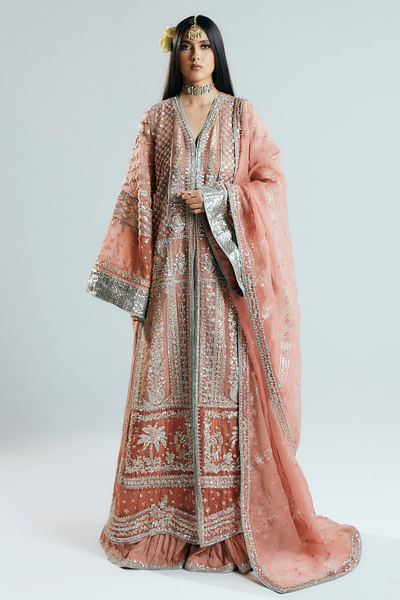 Peach and orange colour blocked kurta set