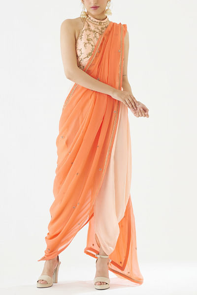 Peach and orange embellished dhoti sari set