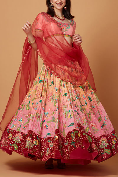 Peach and pink ombre embroidered lehenga set