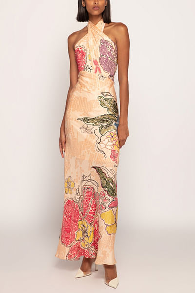 Peach bandhani print halter maxi dress