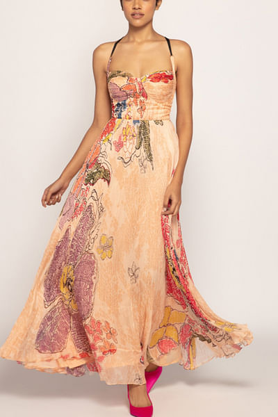Peach bandhani print maxi dress