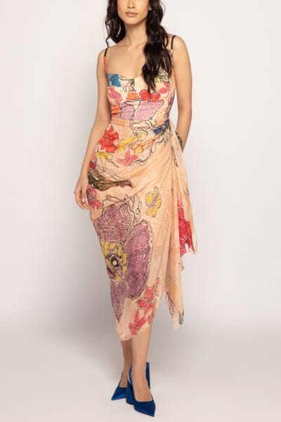 Saaksha & Kinni Peach bandhani print wrinkle midi dress SKKSEP23D118